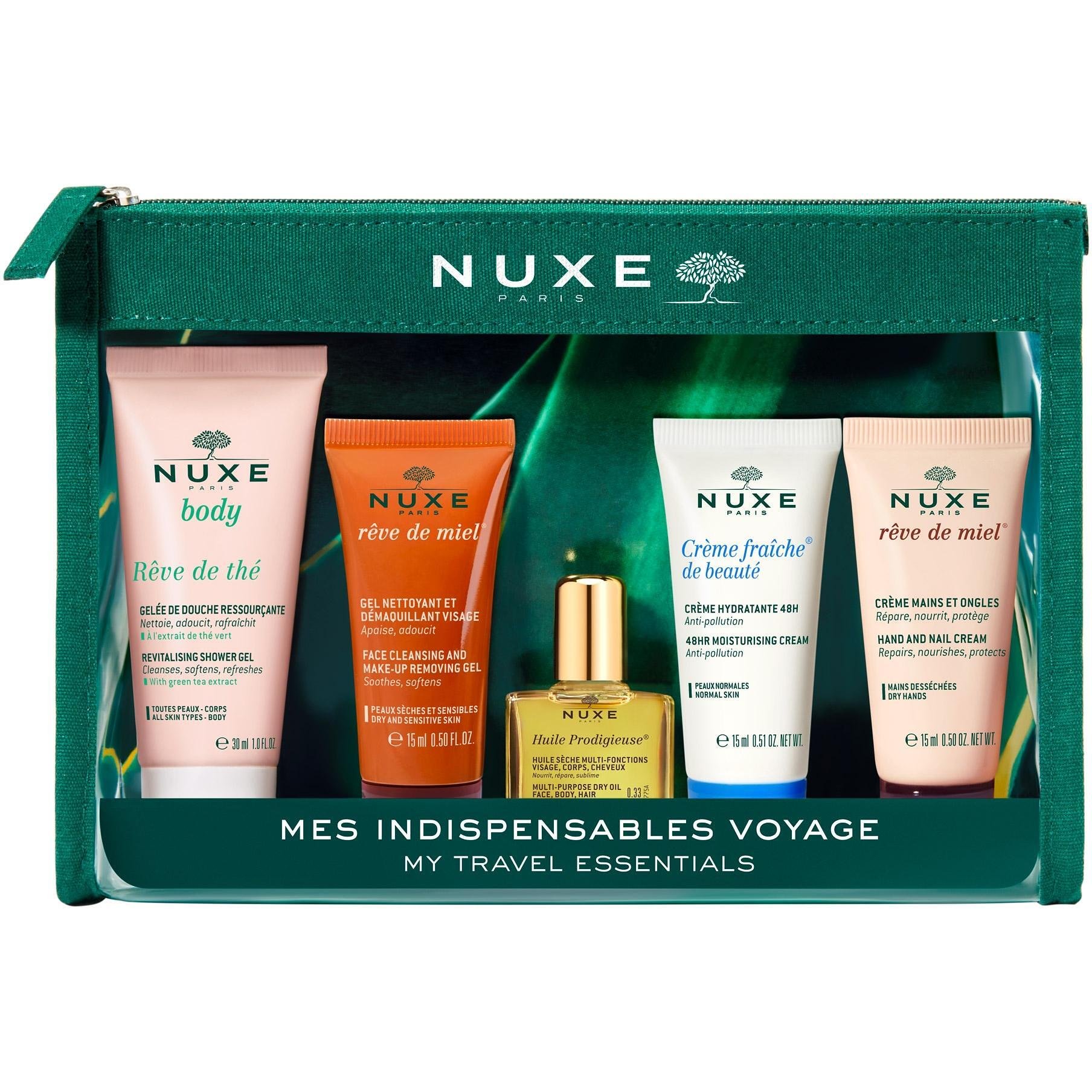 Nuxe My Travel Essentials комплект желе за душ 30 мл, почистващ гел за лице 15 мл, олио 10 мл, хидратиращ крем 15 мл, крем за ръце и нокти 15 мл | Нукс, Май Травел Есеншълс
