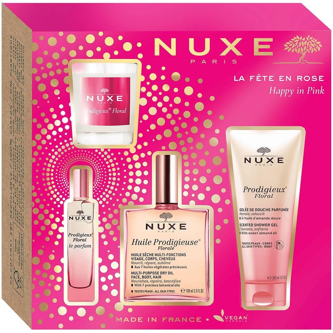 Nuxe Prodigieux Floral комплект изсушаващо масло 100 мл, парфюм 15 мл, парфюмиран душ гел 100 мл, ароматизирана свещ 70 г | Нукс, Продижо