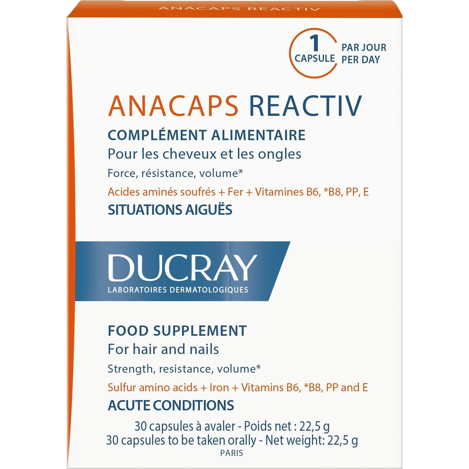 Ducray Anacaps Reactiv хранителна добавка коса и нокти капсули. Х 30 | Дюкрей, Анакапс Реактив