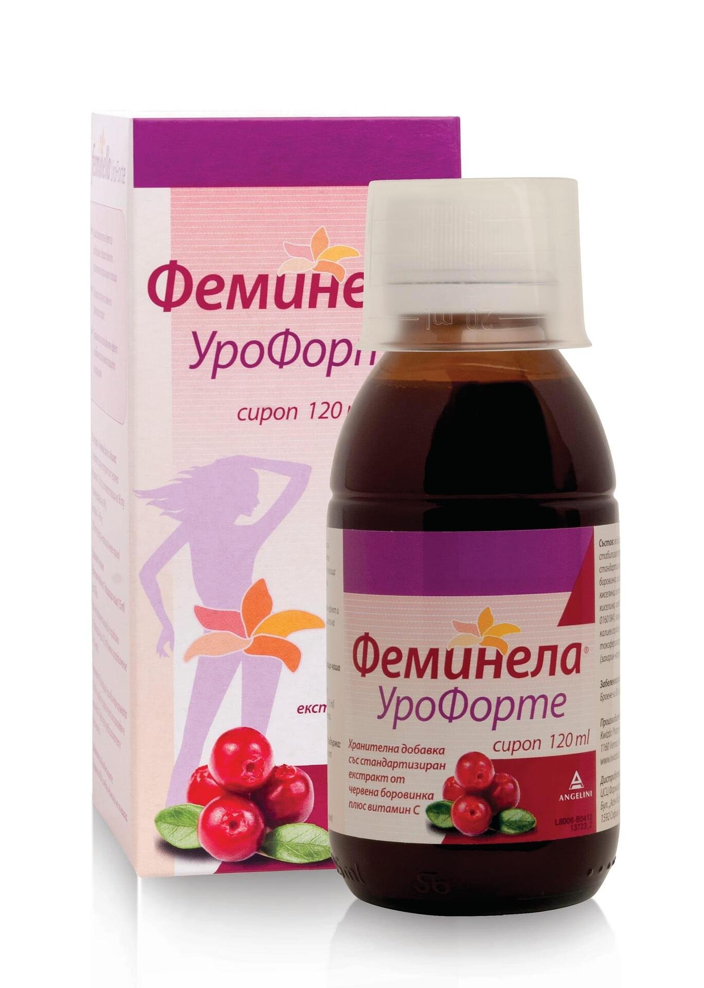 Feminella УроФорте сироп, хранителна добавка с червена боровинка и витамин C, 120 мл | Феминела, Angelini Pharma, Анджелини Фарма