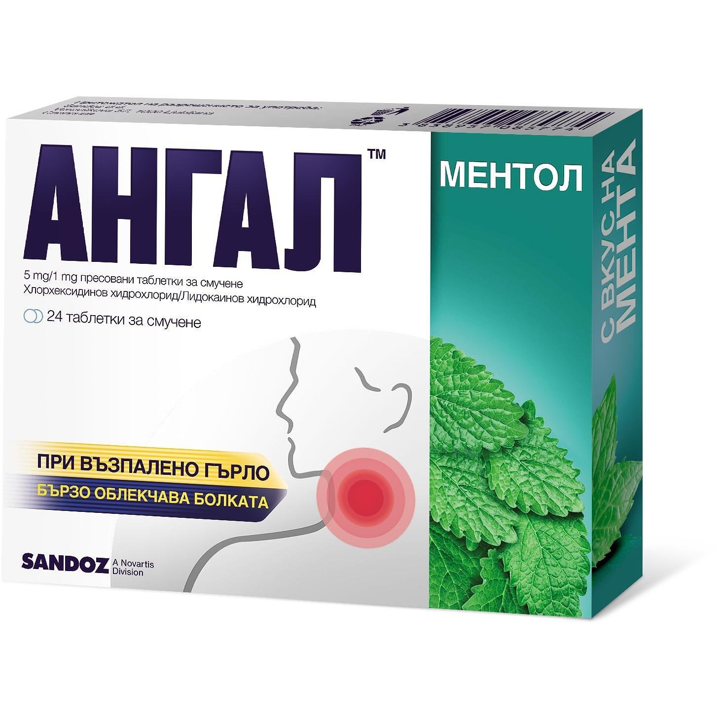 Ангал ментол 24 таблетки за смучене при болно гърло | Sandoz, Сандоз, Angal