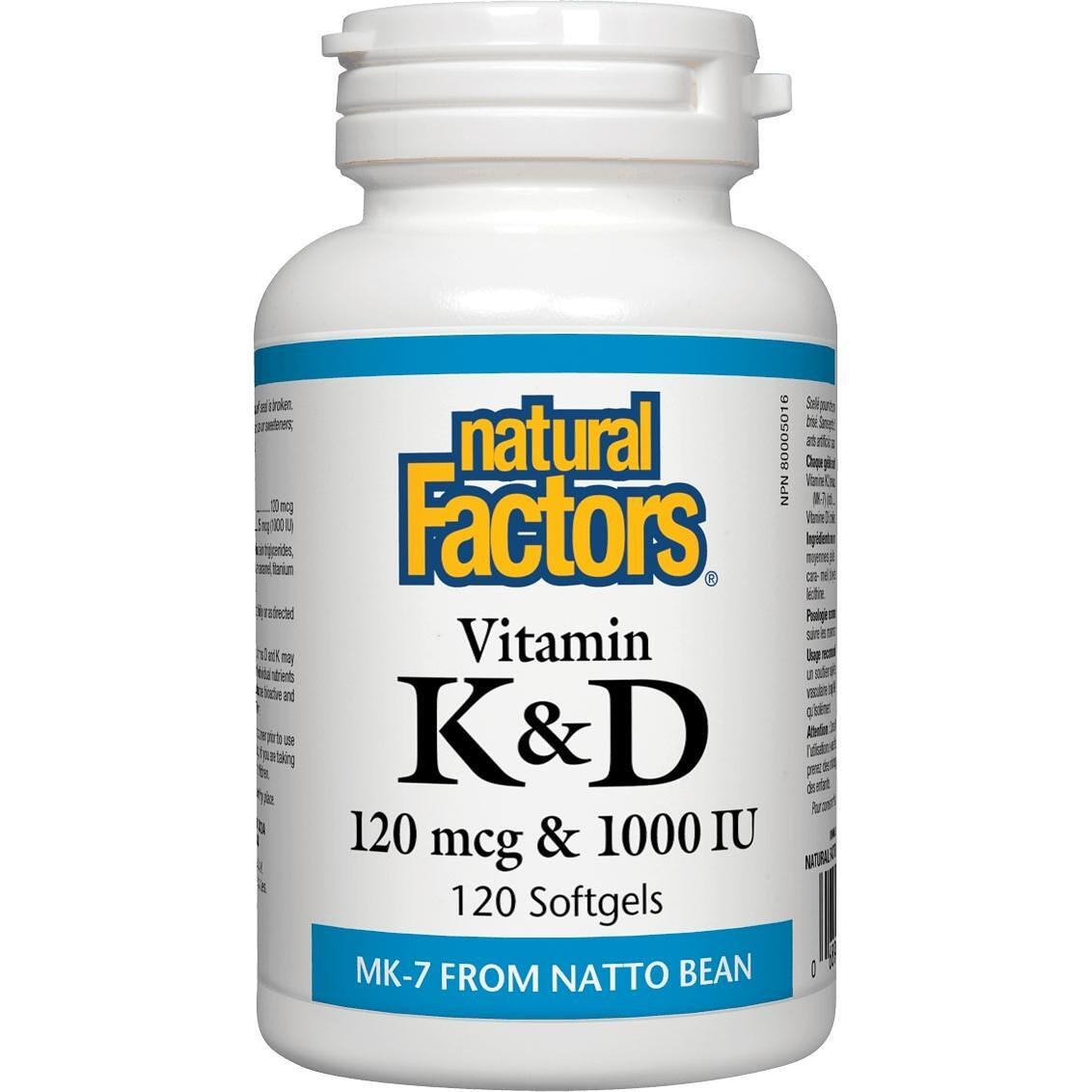 Natural Factors Витамин К2 120 mcg и D3 1000 IU повишава усвояването на калций 60 капсули | Нейчъръл факторс