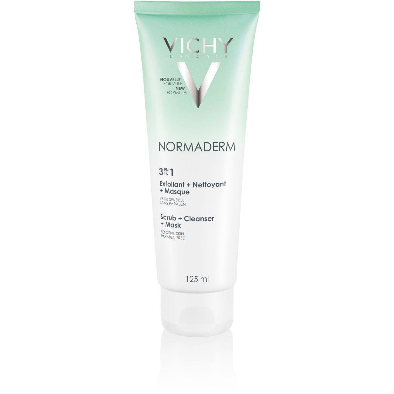 Vichy Normaderm почистващ продукт 3-в-1: ексфолиант, почистващ гел и маска за чувствителна кожа, 125 мл | Виши