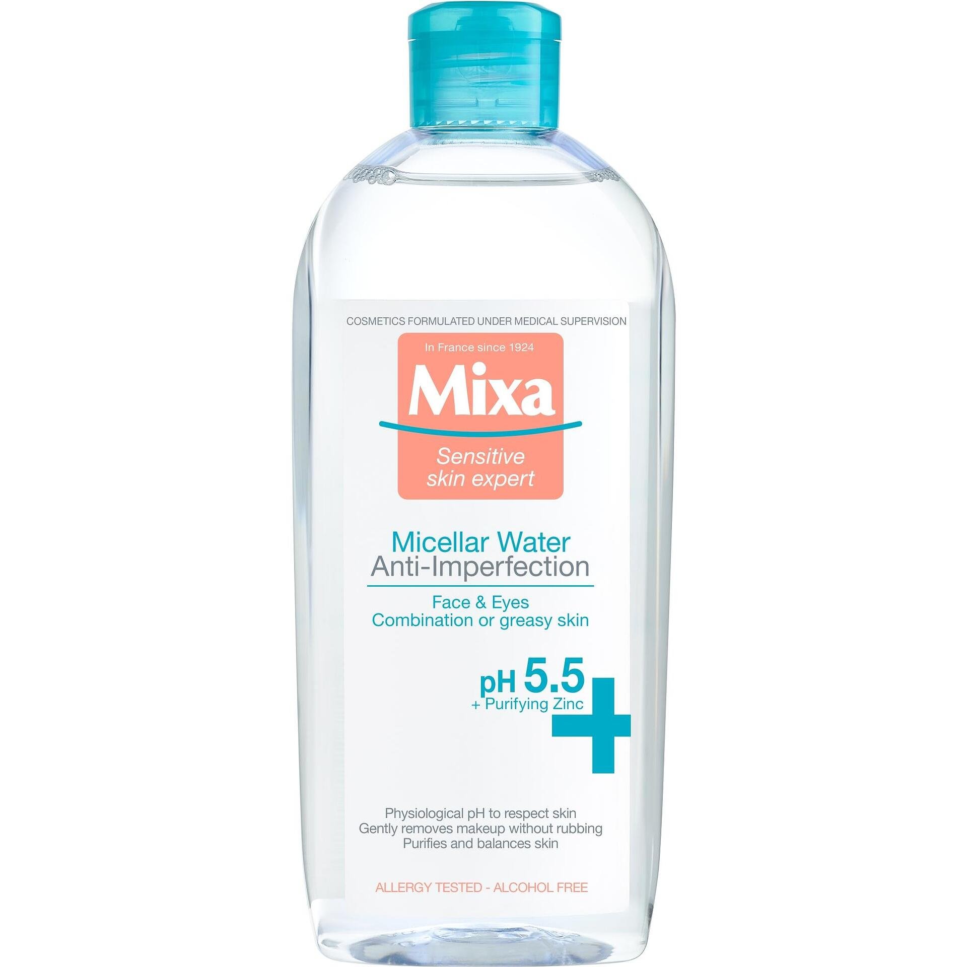 Mixa Anti-Imperfections мицеларна вода за лице за проблемна кожа 400 мл | Микса мицеларна вода за премахване на грим и почистване на лице за чувствителна, комбинирана, склонна към
