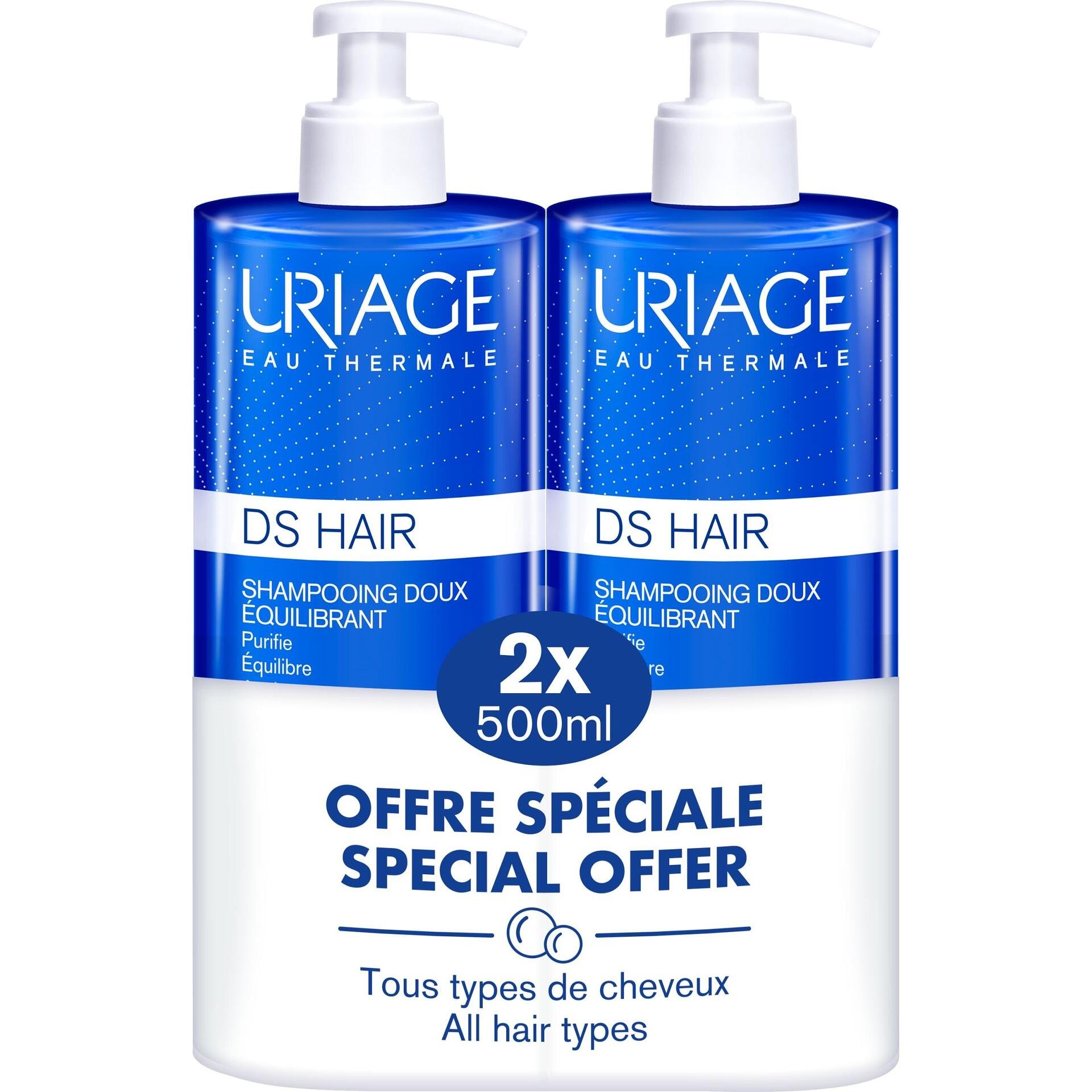 Uriage DS Hair Balancing Нежен балансиращ шампоан за всеки тип коса 2x500 мл | Уриаж, Ди Ес Хеър