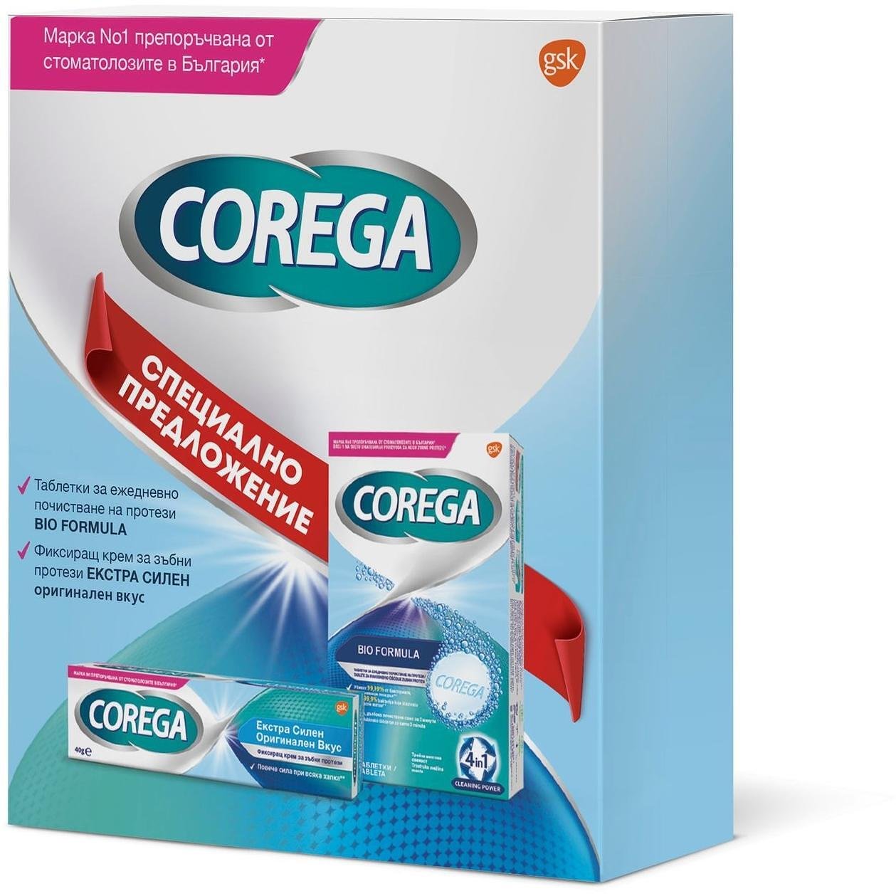 Corega Екстра фиксиращ крем за зъбни протези с мента 40 г + Bio Formula Таблетки за почистване на протези 30 бр., Промо Комплект | Корега