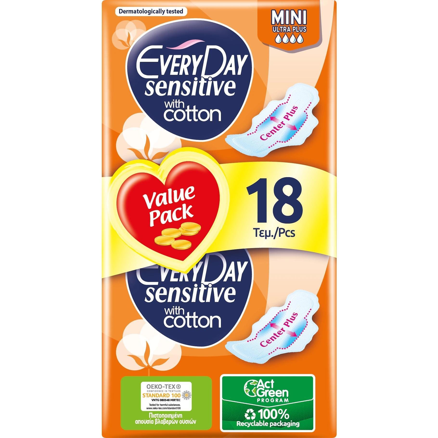 EveryDay Sensitive Mini Ultra Plus памучни дамски превръзки с крилца 18 броя | ЕвриДей, Сензитив