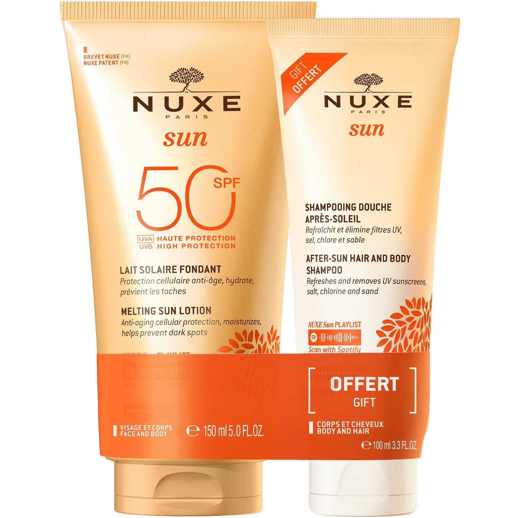 Nuxe Sun слънцезащитен лосион SPF50 150 мл , шампоан за коса и тяло след слънце, 100 мл | Нукс, Сън