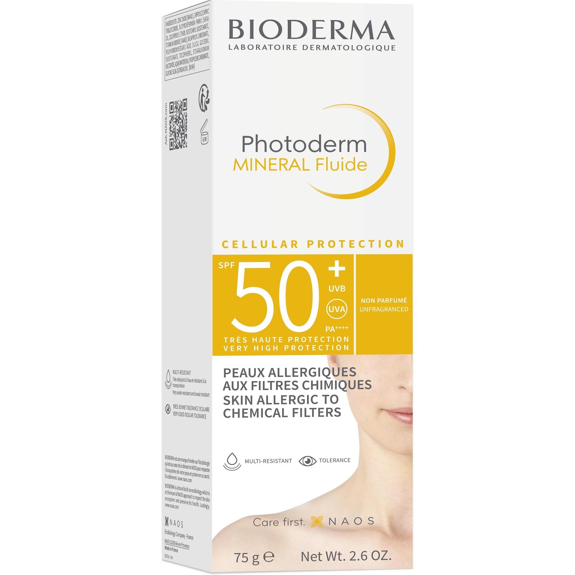 Bioderma Photoderm Mineral Fluide слънцезащитен флуид за лице за алергична кожа SPF50+, 75 г | Биодерма, Фотодерм