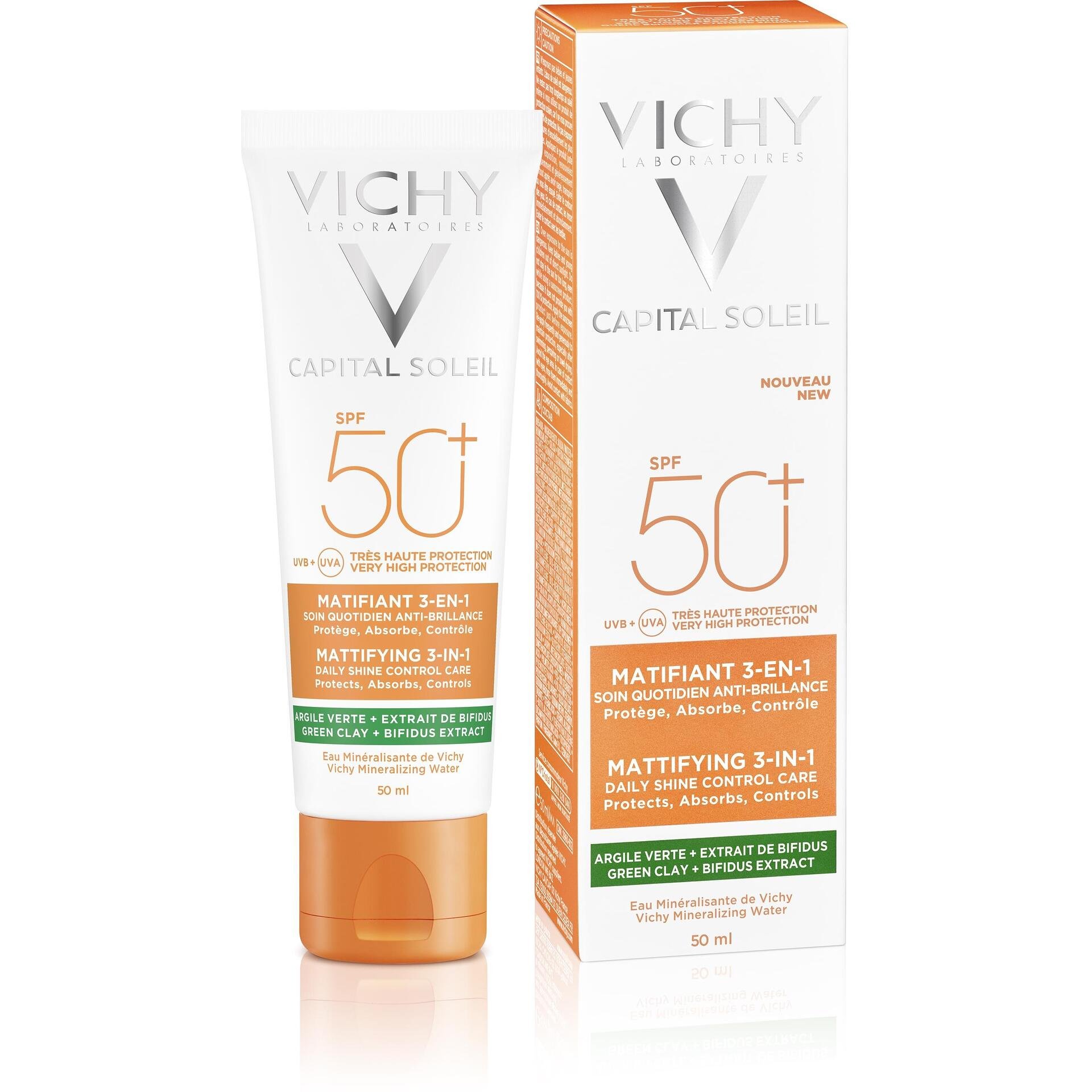 Vichy Capital Soleil слънцезащитен матиращ и коригиращ крем 3-в-1 за мазна кожа SPF50+, 50 мл | Виши, Капитал Солей