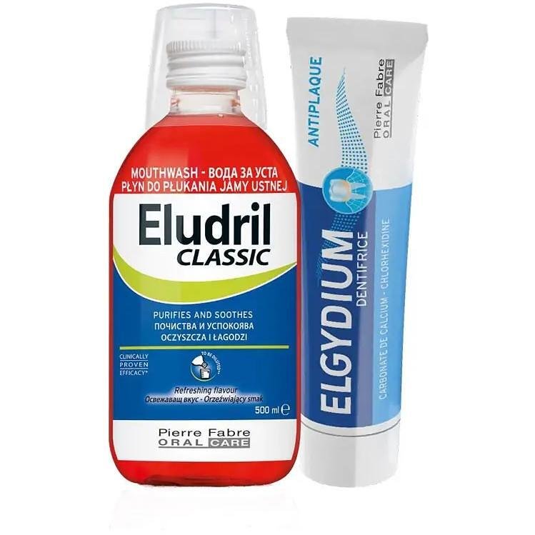 Eludril Classic вода, 500 мл + Elgydium паста за зъби антиплака, 100 мл | Елудрил