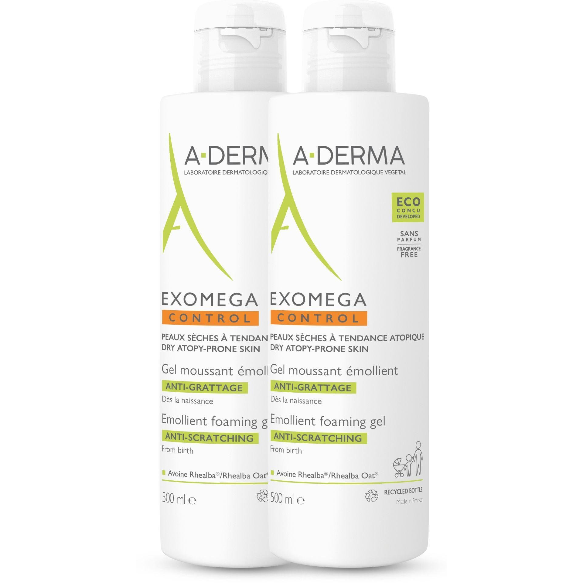 A-Derma Exomega Control емолиентен пенещ се гел, 2 бр. х 500 мл, 1 л | А-Дерма