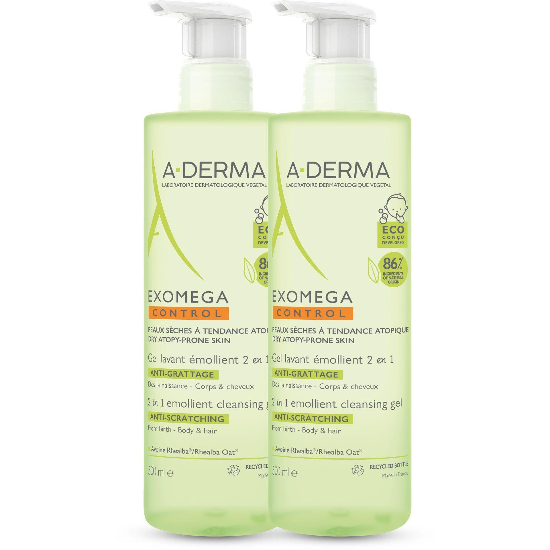A-Derma Exomega Control емолиентен почистващ гел, 2 бр. х 500 мл, 1 л | А-Дерма