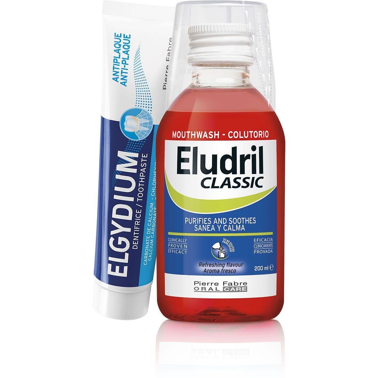 Eludril Classic вода за уста 200 мл и паста за зъби Elgydium антик-плака 50 мл, 250 мл | Елудрил